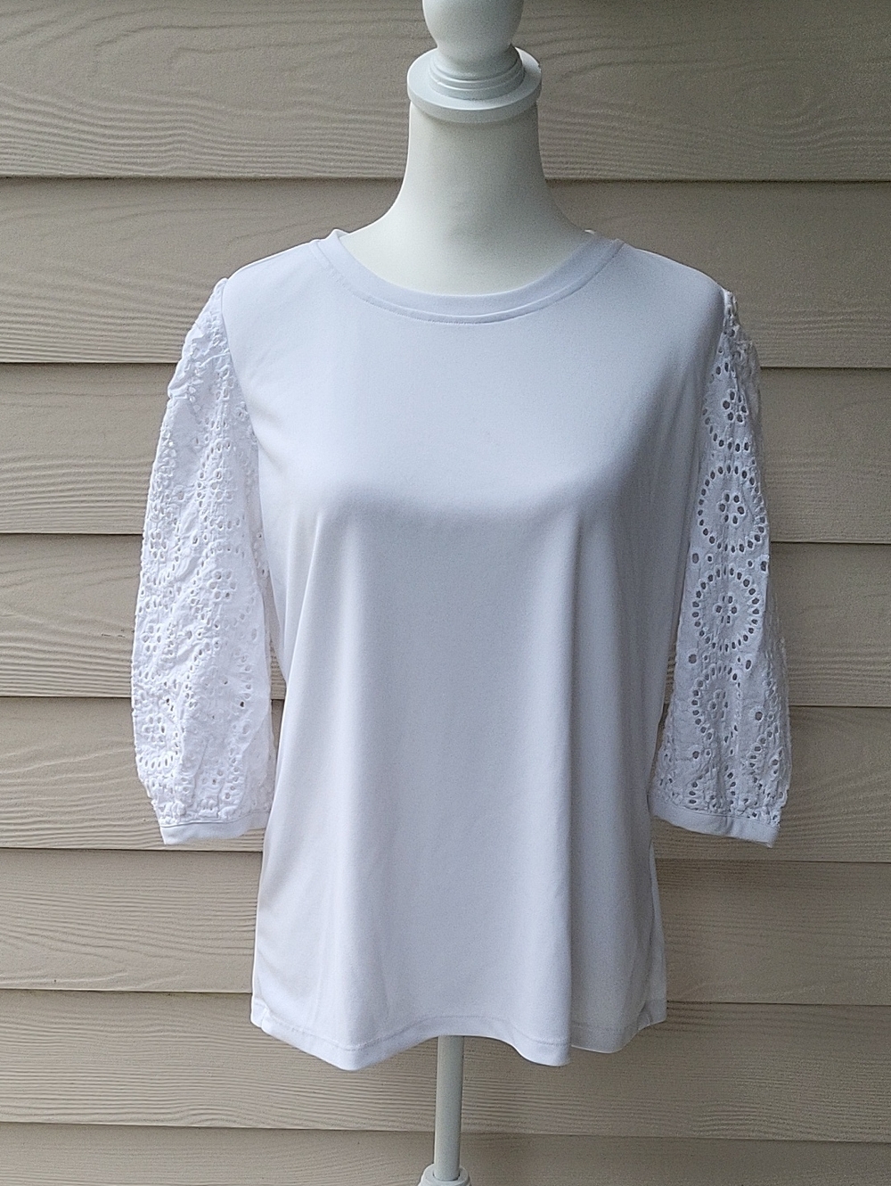 Karl Lagerfeld White Eyelet Sleeve Crew Top
